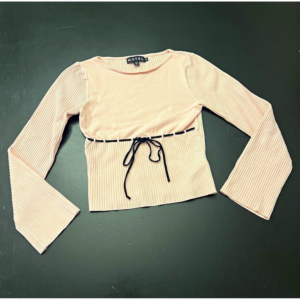 Motel y2k Style Pink Ribbon Bow Tie Waist Ribbed Long Sleeve Sweater Blouse XS